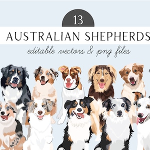 Australian Shepherd Clip Art - Dog Breed Editable Australian Shepherd Vector Pack - Australian Shepherds Dog Vector Art in EPS SVG PNG