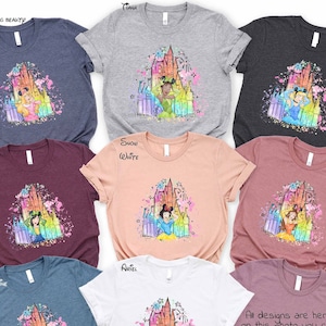 Disney Princess Belle, Tiana, Elsa, Anna, Jasmine, Ariel, Aurora, Rapunzel, Snow white, Merida, Cinderella, Mulan, Disney Minnie ears top