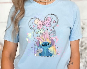 Disney Stitch & Bunny Watercolor Castle Shirt, Disney Stitch Shirt, Family Vacation Shirt, Easter Disney Trip Shirt, Cute Stitch Shirt
