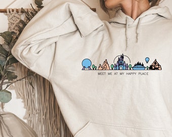 Disney Meet me at my happy place tröja, Disney World och Disneyland hoodie, Disney resa tröja, matchande familjesemester tröja