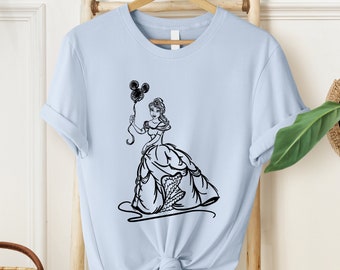 Camiseta de la princesa Bella, camiseta de Disney, camiseta de la princesa de Disney, camiseta de la princesa de Disneylandia, camiseta de la bella bestia, camiseta del viaje de Disney con globos de Mickey
