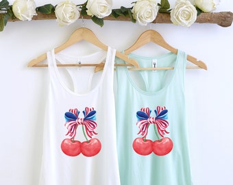 Cherry with a USA Flag Coquette Bow Tank Top, Pink Cherry Fitted Tank top, Lana Inspired Top, Retro Christmas Gifts for friend