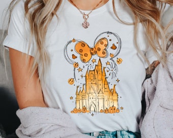 Fall Watercolor Castle and Minnie Pumpkins Shirt, Disney Fall Shirt, Disney Halloween Shirt, Minnie Ears Shirt, Disney Shirt For Adults