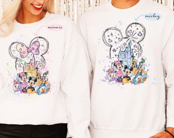 Mickey and Minnie Watercolor Couple Hoodie, Disney Watercolor Sweatshirt, Mickey and Friends Hoodie, Minnie Ears Disney Couple Sweatshirt