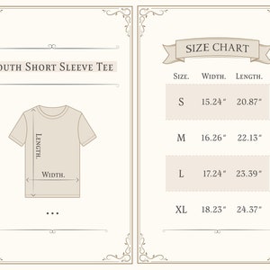 May include: Size chart for youth short sleeve tee with measurements in inches. Sizes include S, M, L, and XL.  Width and length measurements are provided for each size.