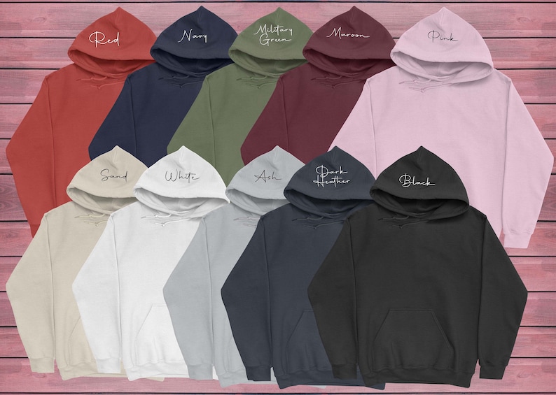 May include: A variety of hooded sweatshirts in different colors, including red, navy, military green, maroon, pink, sand, white, ash, dark heather, and black. Each sweatshirt has a different color and a white text label on the front.