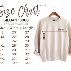 Op de afbeelding: Maattabel voor een Gildan 18000 unisex sweatshirt. De tabel toont de breedte en lengte in inches voor maten S tot en met 5XL.
