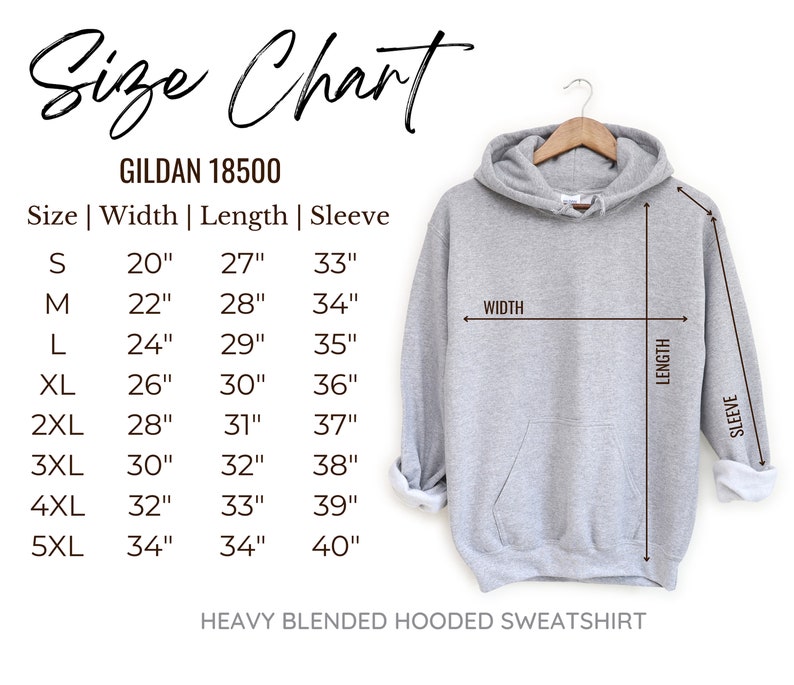 Op de afbeelding: Maattabel voor een Gildan 18500 zwaar gemengd hooded sweatshirt. De tabel toont de breedte, lengte en mouwlengte in inches voor maten S tot en met 5XL.