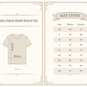 May include: Size chart for a unisex short sleeve jersey tee. The chart shows sizes XS through 5XL with corresponding width and length measurements in inches.