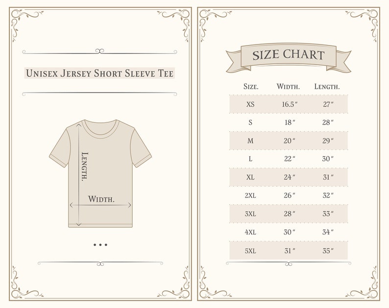 May include: Size chart for a unisex short sleeve jersey tee. The chart shows sizes XS through 5XL with corresponding width and length measurements in inches.