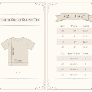 May include: Size chart for toddler short sleeve tee shirts. The chart shows sizes 2T, 3T, 4T, and 5T with corresponding width and length measurements in inches. It also shows the weight range each size fits in pounds and the corresponding age in years.