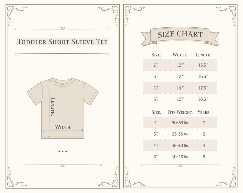 May include: Size chart for toddler short sleeve tee shirts. The chart shows sizes 2T, 3T, 4T, and 5T with corresponding width and length measurements in inches. It also shows the weight range each size fits in pounds and the corresponding age in years.