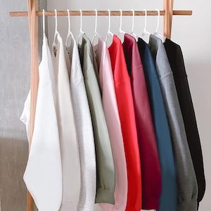 May include: A rack of 10 plain sweatshirts in various colors, including white, gray, green, pink, red, burgundy, navy, and black. The sweatshirts are hanging on white hangers.
