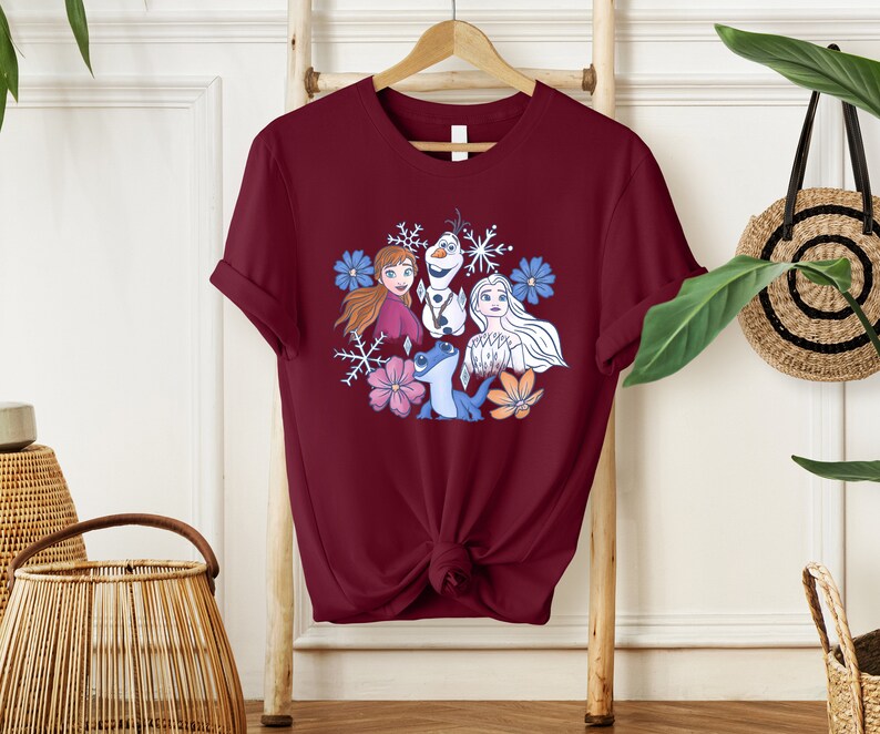 May include: A maroon t-shirt with a graphic print of characters from the movie Frozen. The characters are surrounded by snowflakes and flowers.