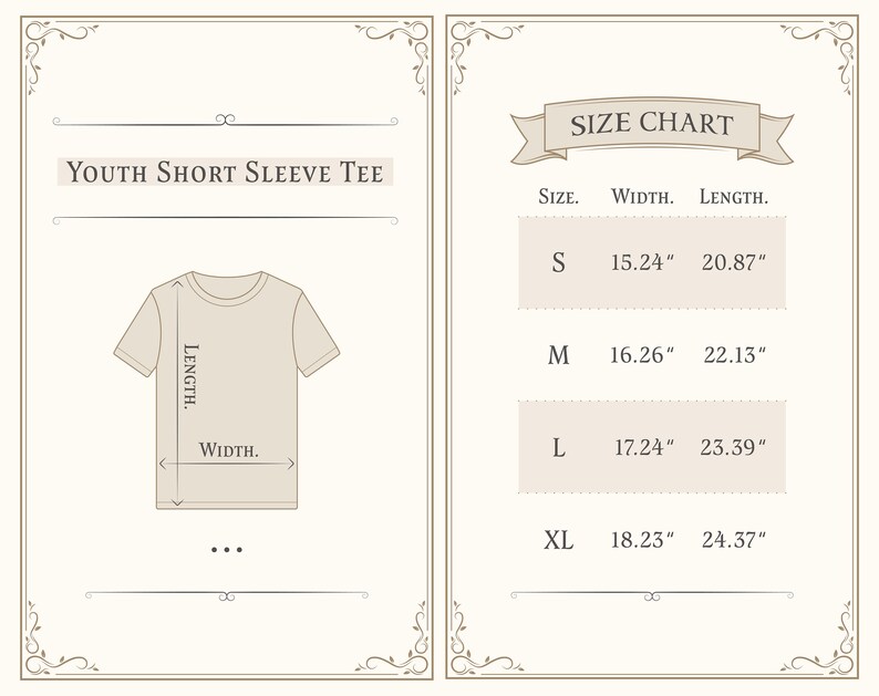 May include: Size chart for youth short sleeve tee with measurements in inches. Sizes include S, M, L, and XL.  Width and length measurements are provided for each size.