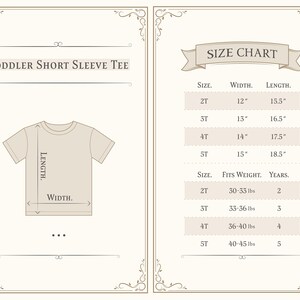 May include: Size chart for toddler short sleeve tee shirts. The chart shows sizes 2T, 3T, 4T, and 5T with corresponding width and length measurements in inches. It also shows the weight range each size fits in pounds and the corresponding age in years.