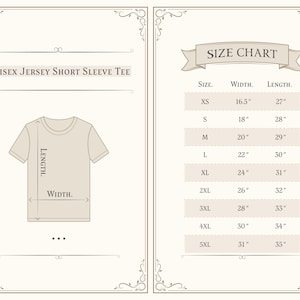 May include: Size chart for a unisex short sleeve jersey tee. The chart shows sizes XS through 5XL with corresponding width and length measurements in inches.