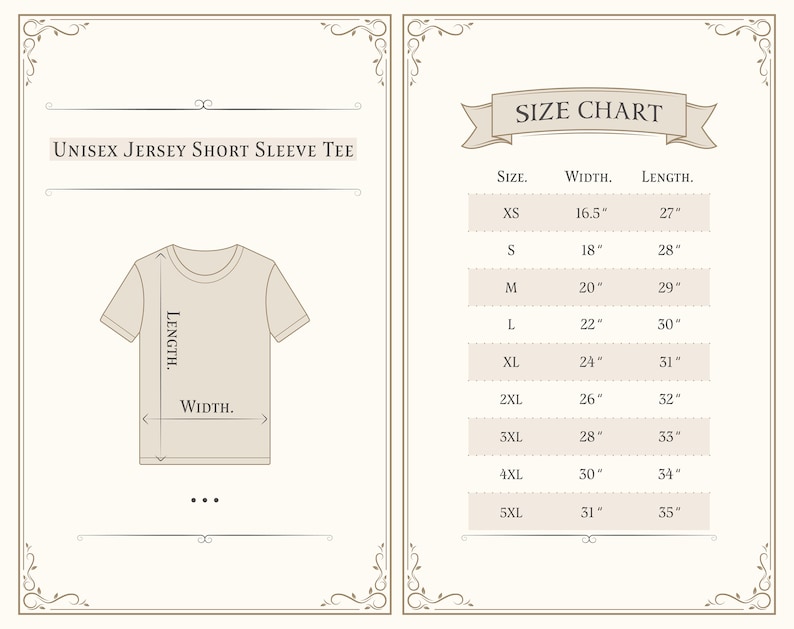 May include: Size chart for a unisex short sleeve jersey tee. The chart shows sizes XS through 5XL with corresponding width and length measurements in inches.