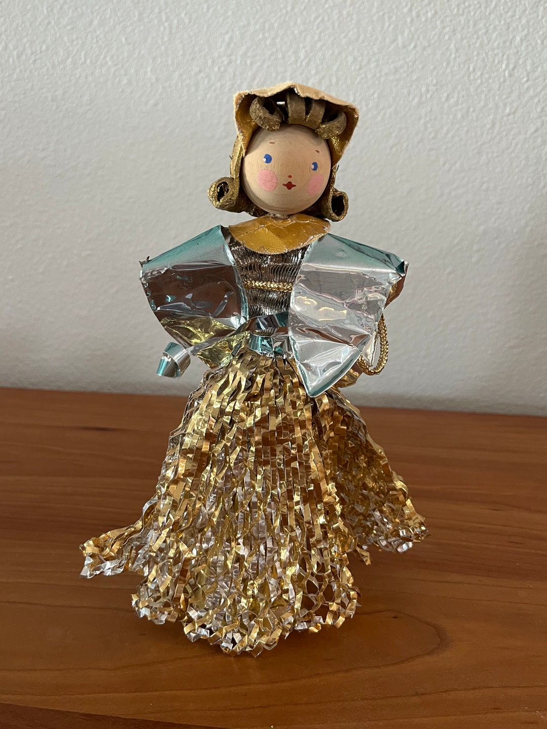 Vintage Wood Face Angel Tree Topper Cone Shaped With Foil Etsy