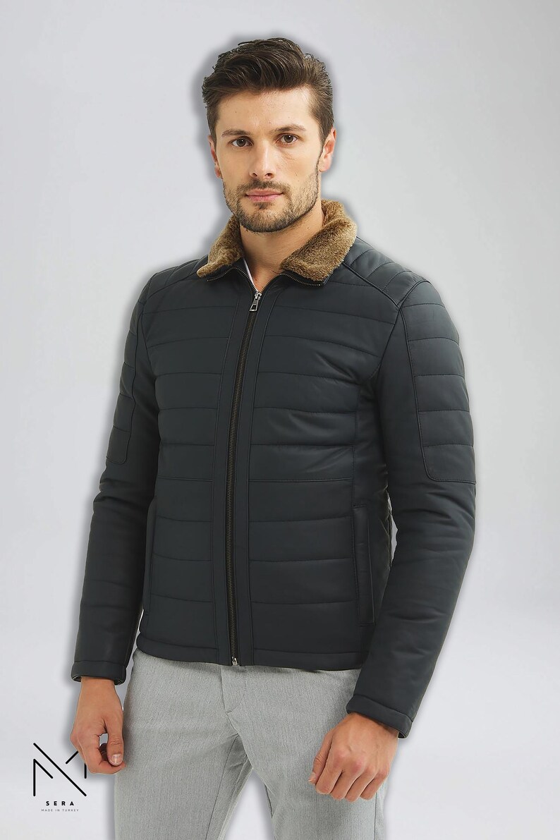 Mens Puffer Blue Luxury Lambskin Leather Bomber Vest Jacket, Puffy