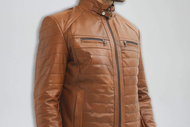 Mens Puffer Brown Luxury Lambskin Leather Bomber Vest Jacket, Puffy