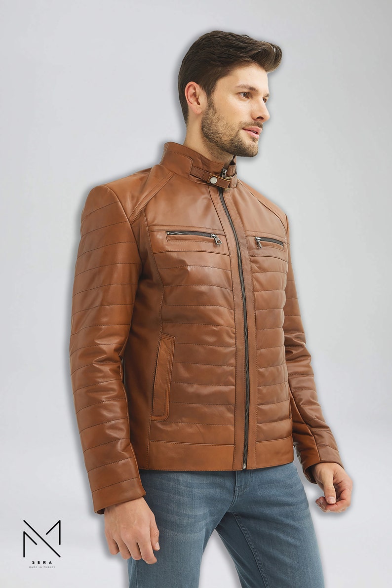 Mens Puffer Brown Luxury Lambskin Leather Bomber Vest Jacket, Puffy