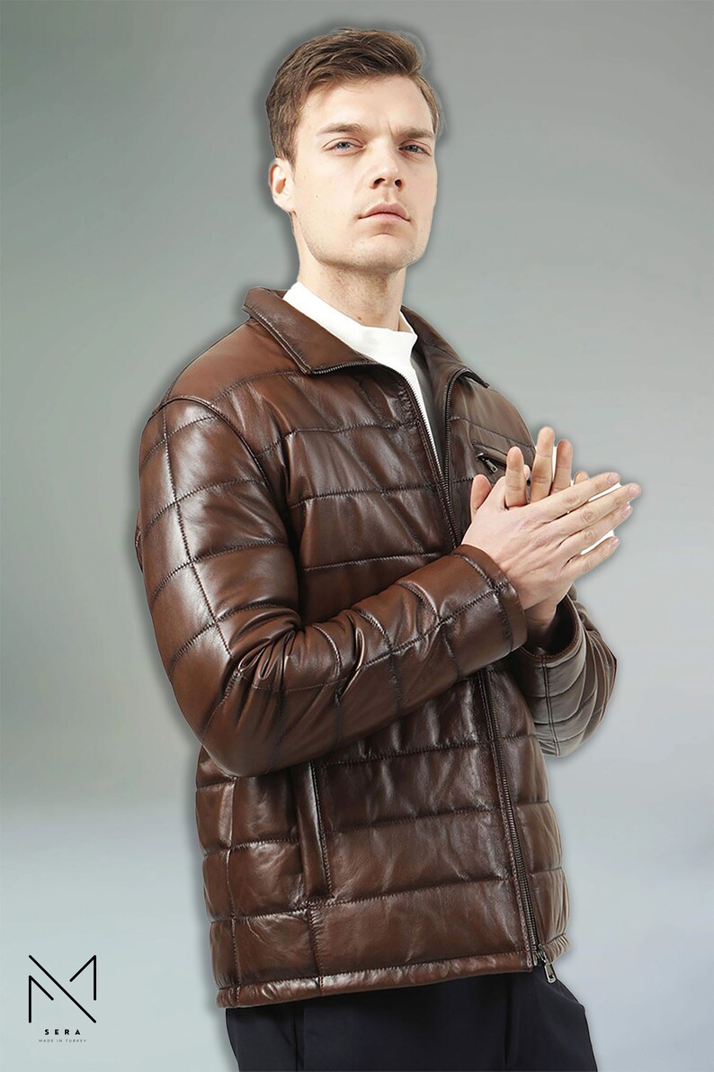 Mens Puffer Brown Luxury Lambskin Leather Bomber Vest Jacket, Puffy