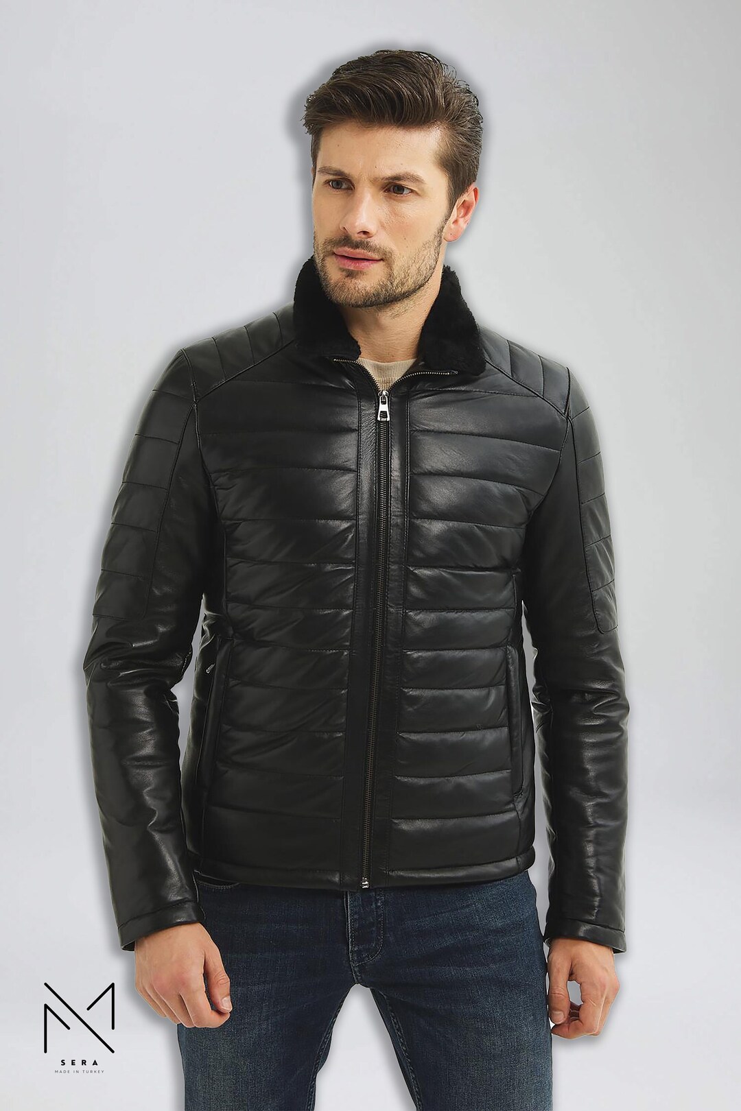 Mens Puffer Black Luxury Lambskin Leather Bomber Vest Jacket, Puffy