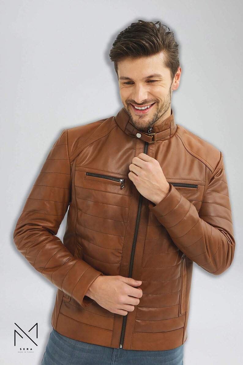 Mens Puffer Brown Luxury Lambskin Leather Bomber Vest Jacket, Puffy