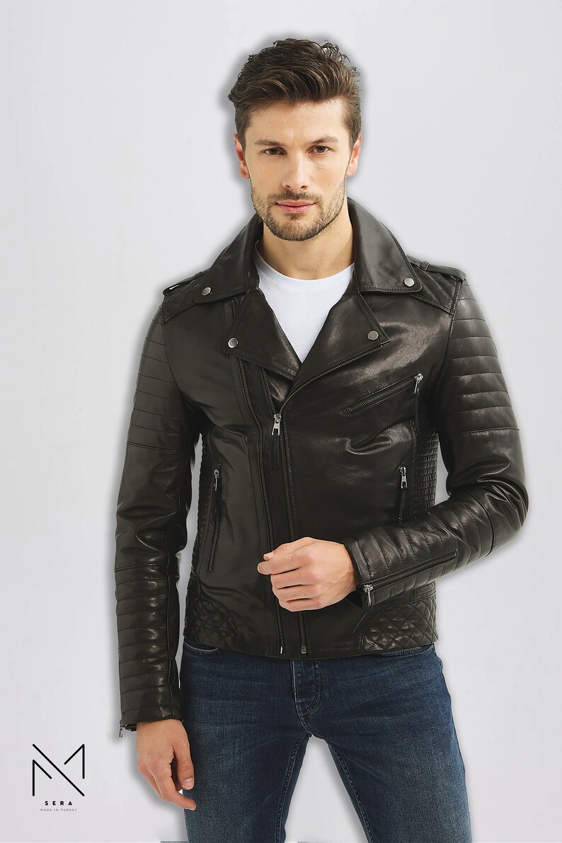 Mens Motorcycle Black Leather Biker Jacket, Motorbike Lambskin Leather