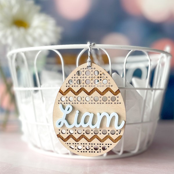 Personalized Wood Easter Basket Tag, Rattan Bunny Egg Decor