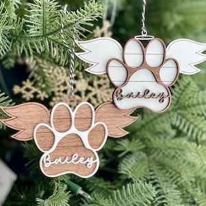 Pet Memorial Ornament, Paw with Wings Christmas Ornament, Shiplap Paw Ornament, Pet Angel Paw Ornament, Personalized Wood Ornament image 1