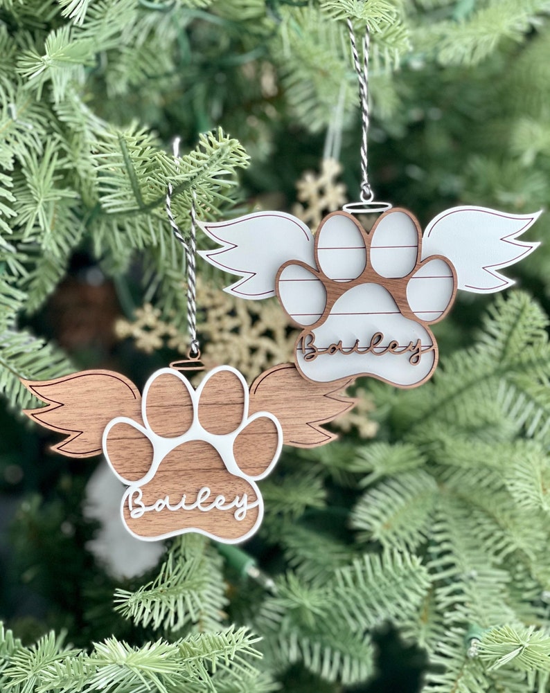 Pet Memorial Ornament, Paw with Wings Christmas Ornament, Shiplap Paw Ornament, Pet Angel Paw Ornament, Personalized Wood Ornament image 2