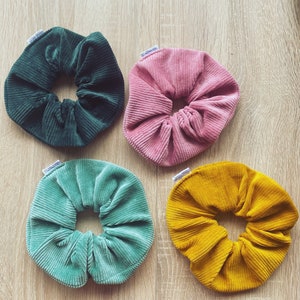 Soft, velvet corduroy, stretchy large scrunchies in spring colours in velour rib with wide elastic