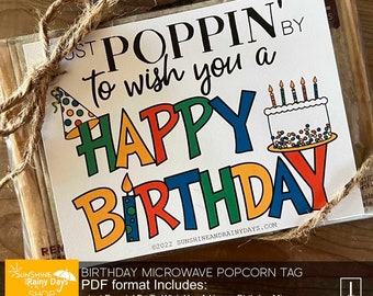 Just Poppin' By To Wish A Happy Birthday Tag • Joyeux anniversaire Popcorn Tag • Popcorn Printables • Printable Microwave Popcorn Tags