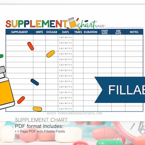 Fillable Supplement Chart • Supplement Tracker • Editable Supplement Chart • Editable PDF • Fillable PDF • Medical Printables • Supplements