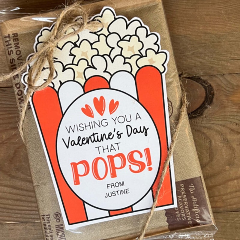 Fillable Valentine's Day popcorn labels • Microwave popcorn labels • Personalized Valentine's Day cards for kids • Popcorn Valentine's Day cards