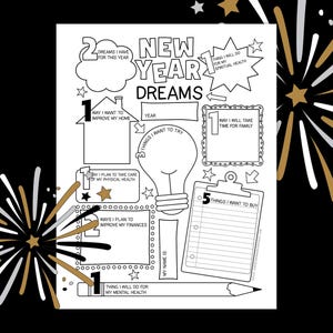 Puede incluir: Una hoja de trabajo imprimible en blanco y negro para los sue&ntilde;os de A&ntilde;o Nuevo con una bombilla, una casa y un portapapeles. La hoja de trabajo incluye indicaciones para escribir objetivos y sue&ntilde;os para el nuevo a&ntilde;o.