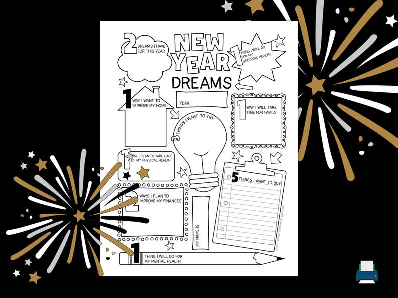 Puede incluir: Una hoja de trabajo imprimible en blanco y negro para los sue&ntilde;os de A&ntilde;o Nuevo con una bombilla, una casa y un portapapeles. La hoja de trabajo incluye indicaciones para escribir objetivos y sue&ntilde;os para el nuevo a&ntilde;o.