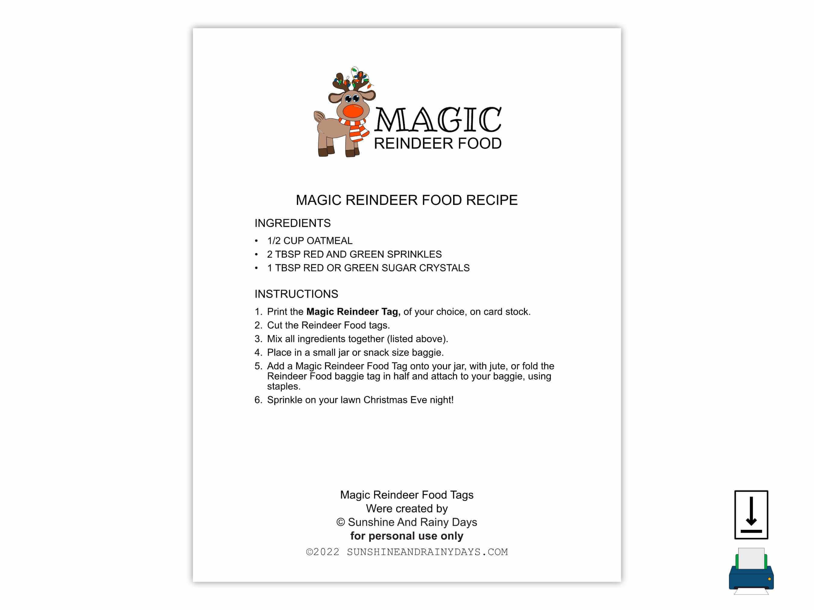 Magic Reindeer Food Tags Printable • Magic Reindeer Food Label • Print ...