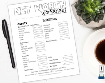 Net Worth Worksheet • Printable Net Worth Tracker • Wealth Tracker • Finance Tracker • Printable Tracker • Net Worth Yearly Tracker