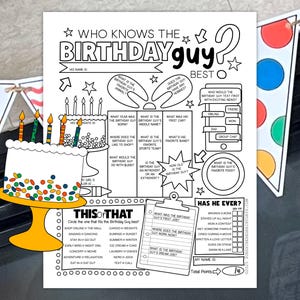 May include: Black and white printable birthday game sheet with fill-in-the-blank questions. The sheet includes a cake graphic, the text "Who Knows the Birthday Guy Best?", and sections for answers and points.