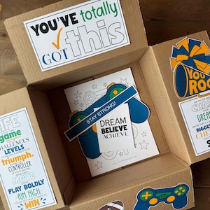 Könnte beinhalten: Ein brauner Karton, gefüllt mit motivierenden und ermutigenden Karten und einer Malvorlage mit einem Videospiel-Controller-Design. Die Karten zeigen Sätze wie "You've totally got this", "Life is a game", "Stay strong", "Dream Believe Achieve" und "You Rock".