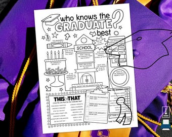 Peut inclure: Feuille de jeu de fête de remise de diplôme en noir et blanc avec des questions sur le diplômé. Comprend un gâteau, un bâtiment scolaire et une section "Ceci ou cela". La feuille est sur un fond violet avec un chapeau de graduation.