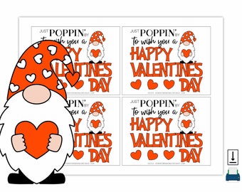 Gnome Valentine Popcorn Tag • Printable Microwave Popcorn Tags • Just Poppin' By To Wish You A Happy Valentine's Day • Popcorn Valentine