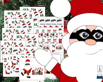 Puede incluir: Un conjunto de tarjetas de juego imprimibles con un Santa Claus de dibujos animados que lleva un antifaz negro. El set incluye tarjetas numeradas, etiquetas "1st Steal" y "2nd Steal", texto "FROZEN", hojas de reglas "dirty Santa" y una tarjeta de título.