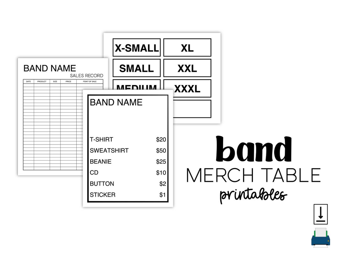 Band Merch Table Printables Band Sales Record Band Price List Band