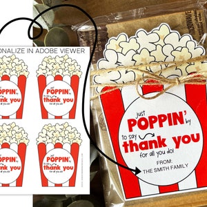 Fillable Appreciation Popcorn Tags • Thank You Popcorn Tags • Just Poppin&#39; By To Say Thank You Popcorn Gift • Printable Popcorn Tags
