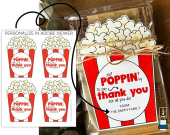 Fillable Appreciation Popcorn Tags • Thank You Popcorn Tags • Just Poppin&#39; By To Say Thank You Popcorn Gift • Printable Popcorn Tags