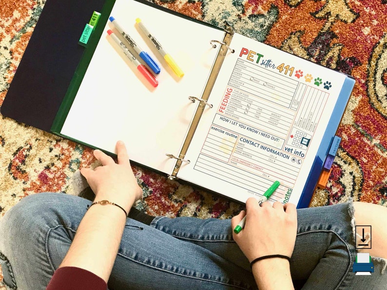 May include: A binder with a page open to a pet sitter form. The form has sections for feeding, exercise routine, contact information, and vet info. The binder is on a colorful rug.